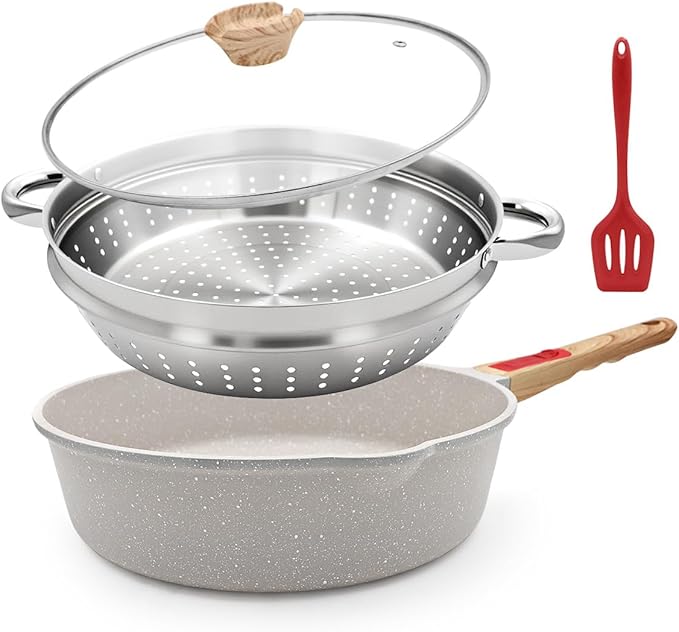 12-Inch Non Stick Deep Frying Pan Skillet with Steamer, 5 QT Nonstick Saute Pan with Lid & Detachable Handle, Induction Cooking Pan, Compatible with All Cooktops, Oven Safe, PFOA Free, White