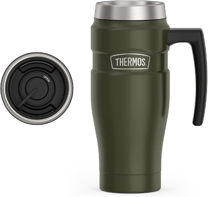 THERMOS Stainless King Travel Mug with Handle, 16oz, Army Green | Vacuum-Insulated Travel Mug with Handle for Hot & Cold Drinks, Stainless Steel Coffee Mug with Lid for Commuting