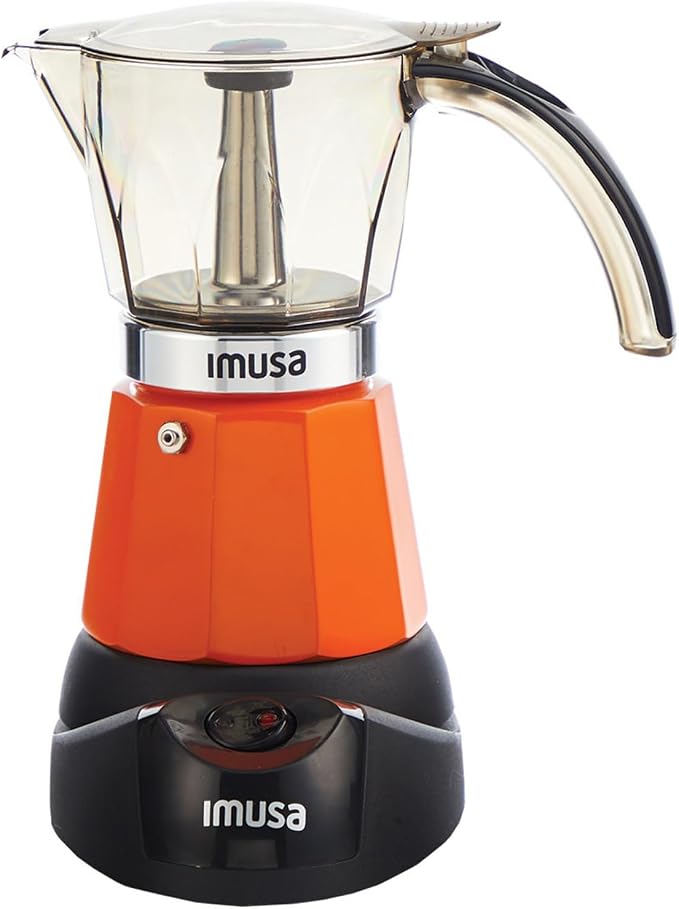 IMUSA 6 or 3 Cup Electric Espresso Maker with Cool-Touch Handle, Orange | Bare Aluminum Finish, Cool-Touch Handle with Visual Indicator, Makes Espresso, Ideal for Everyday Use and Gifts