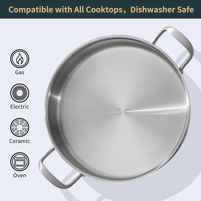Yeksum 13-inch 8QT Tri-Ply Stainless Steel Sauté Pan | Large Deep Skillet with Lid | Even Heating+Jumbo Surface | Flared Edge Transfer | Non-Toxic 650°F Oven Safe