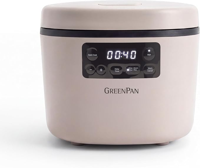GreenPan Advanced Rice Cooker, 4-Cups Uncooked/8-Cups Cooked, Removable Nonstick Ceramic PFAS-Free Pot, White & Brown Rice, Family Sized, Quick Cook in 25mins, 6 Presets, Fuzzy Logic Tech, Clay
