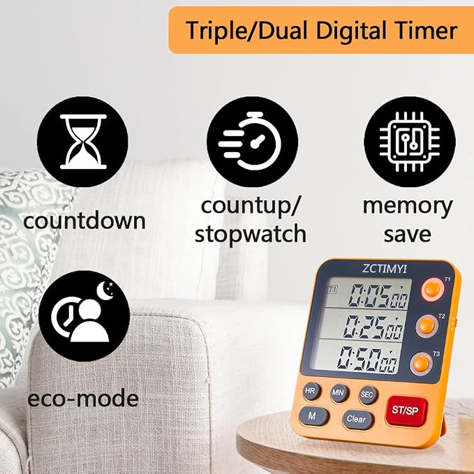 Dual Digital Timer for Kitchen Cooking, 3 Channels Count Down/Up Triple Timer for Kids, Presets Memory Large Display & Magnetic Back Adjustable Alarm Volume, Suit for Kids Teachers Studying, Green