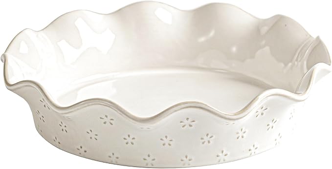 Ceramic Deep Pie Pan for Baking, 11 inch Porcelain Pie Plate for Apple Pie, Oven & Dishwasher Safe, Farmhouse Decor, 48 Ounce Deep Plate for Kitchen, Non-Stick Pie Dish, Embossed Flower