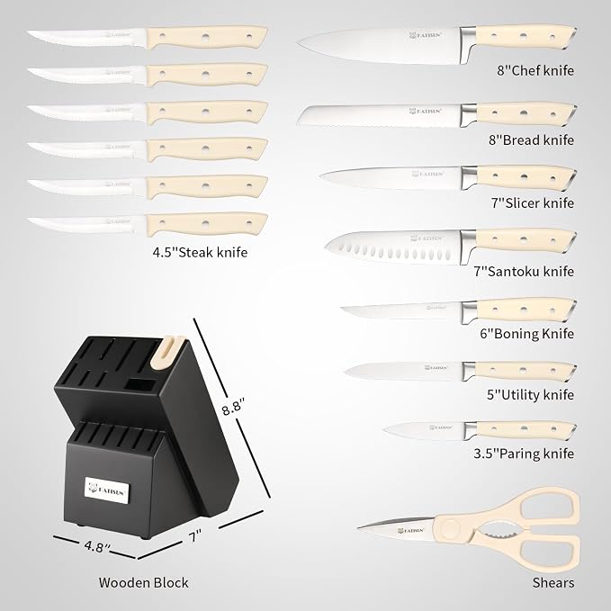 16-Piece Extra-Long Handle German Steel Knife Set with Block | Creamy White Cutlery For Large Hands & Better Leverage. Features Built-In Sharpener, Shears & Modern Base