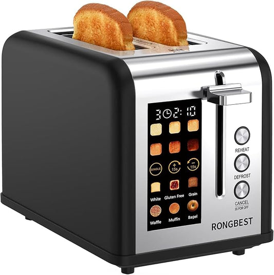 Touchscreen Toaster 2 Slice Wide Slots with Single-slice Mode, Matte Black | Stainless Steel Toasters for Family Breakfast with Digital Touch Screen, Defrost & Reheat, ±15s, Easy Removable Crumb Tray
