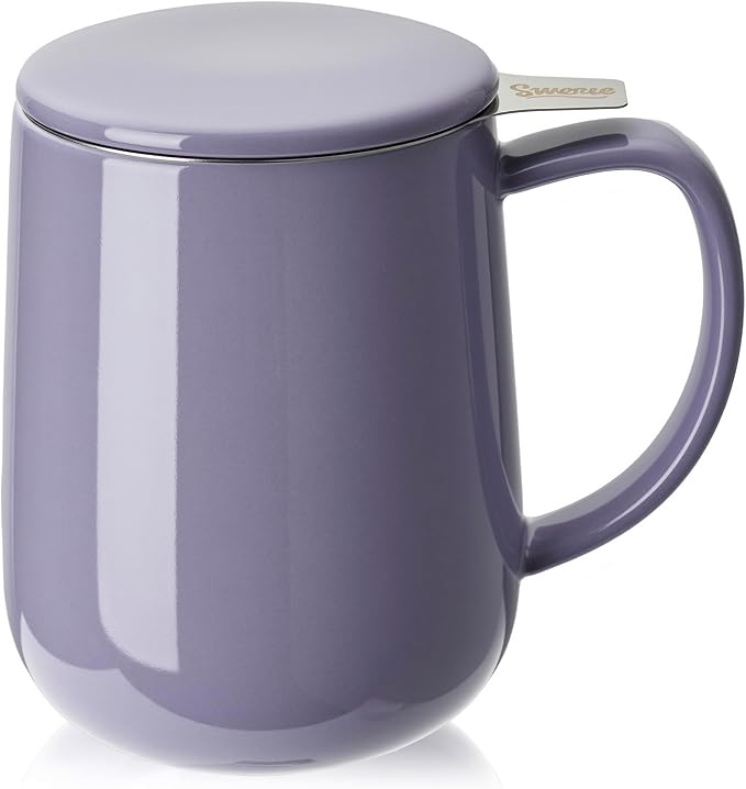 Sweese 20 oz Porcelain Tea Mug with Infuser and Lid, Purple Tea Cup