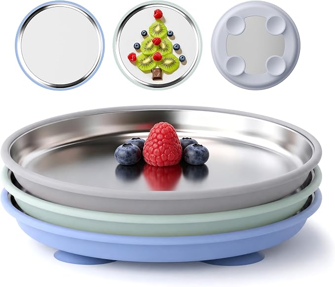 Bakpoco Stainless Steel Baby Plates with Removable Silicone Suction | 8" Stainless Steel Toddler Plates, Open Suction Plates for kids Non Toxic & BPA Free Dishwasher Safe Dinnerware Set of 3