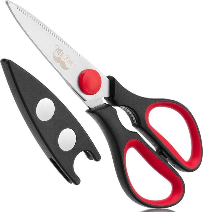 Mr. Pen- All Purpose Kitchen Shears with Protective Sheath, 8 Inch | Dishwasher Safe, Stainless Steel Food Scissors with Micro-Serrated Blades, Durable Utility Kitchen Shears, Black & Red