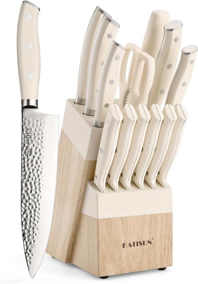 14-Piece Cream German Steel Kitchen Knife Block Set | Hammered Non-Stick Blades with 10° Precision Edge. Features Triple-Riveted Full Tang Handles, Shears & Natural Wood