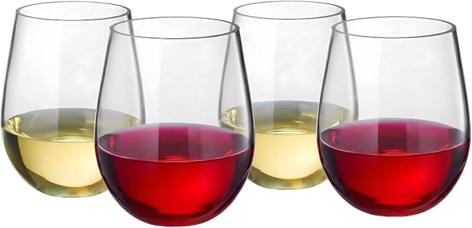 Khen Unbreakable Stemless Acrylic Plastic Drinkware Glasses, Shatterproof 100% Tritan Glasses | 4 Set | 15oz Wine Glassware, Dishwasher-Safe, BPA-free - Indoor & Outdoor, Clear Color