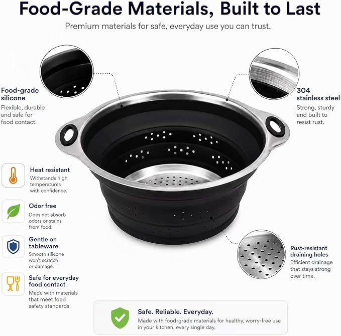 Mejoncb Collapsible Colander – Platinum Silicone Strainer with Stainless Steel Base, BPA-Free & Heat Resistant Kitchen Drain Basket (Black)