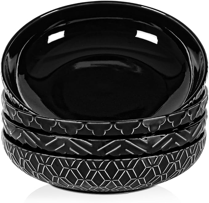 Sureasy Pasta Bowls Set of 4, 30oz Large Embossed Salad Bowls, 8.5 Inch Wide and Shallow Plate Bowls, Salad Bowl, Microwave, Oven & Dishwasher Safe, Black