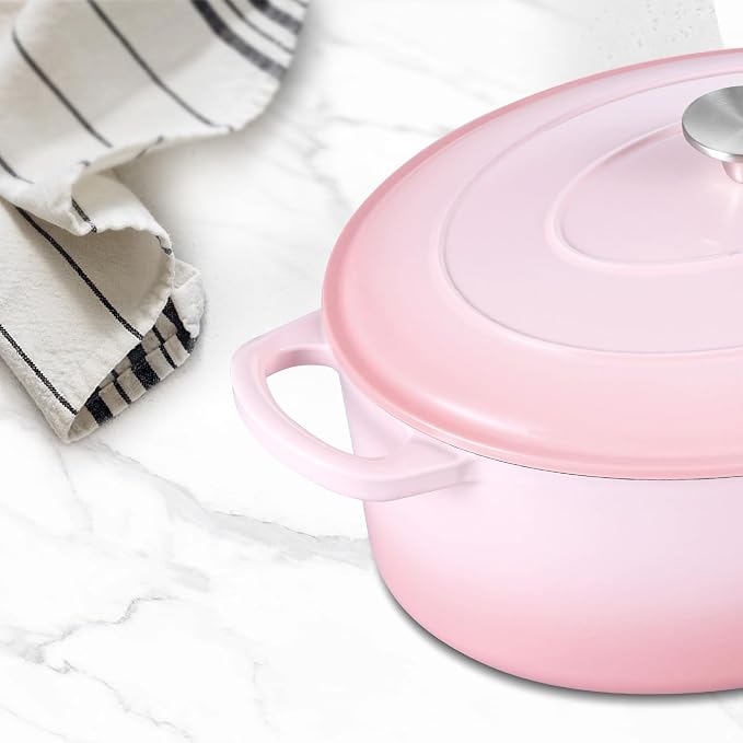 7 Quart Oval Dutch Oven with Lid, Leonyo 7QT Enameled Oval Cast Iron Dutch Oven for Sourdough Bread Breaking, Heavy Duty Cookware for Braising, Stews, Roasting, Pink