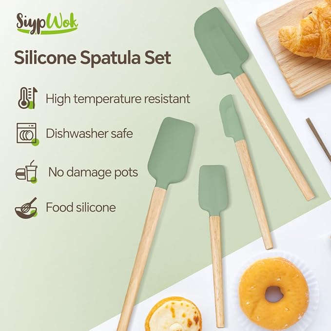 Silicone Spatula Set, Food Grade Rubber Spatula-4 Piece Nonstick Rubber Spatulas, Spoonula, Jar Scraper for Cooking, Baking, Mixing, Frosting - Heat Resistant Up to 600°F (4 Pcs Spatula Green)