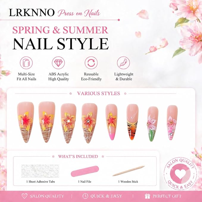 24Pcs Long Press On Nails Stiletto French Tip Fake Nails 3D Hawaii Flower Nails with Rhinestone Design Summer Floral Acrylic False Nails Full Cover Artificial Almond Nails Tips for Women Manicure