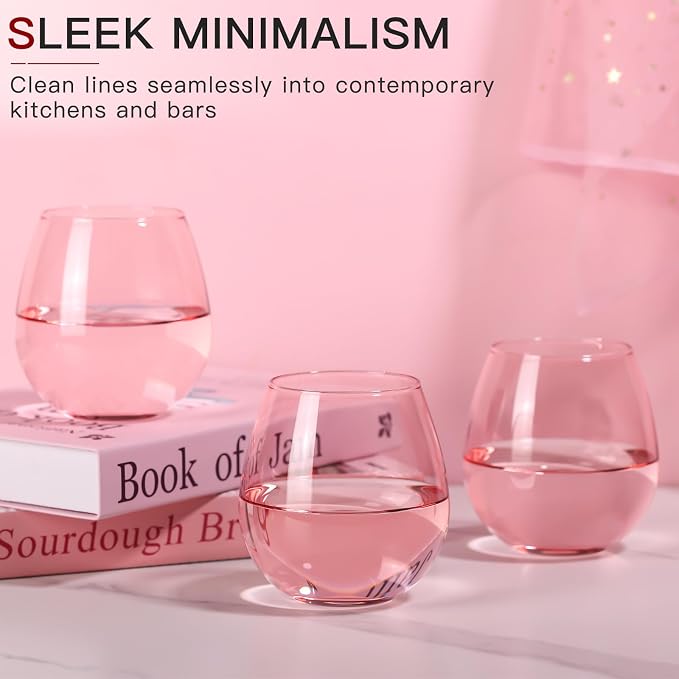 Pink Wine Glasses Set of 6-15oz -Colored Stemless Hand-Blown Wine Glasses, European Design Crystal Glass For Red & White Wine, Unique Gifts for Wedding, Birthday
