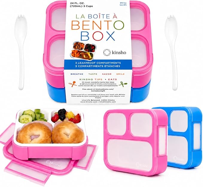 kinsho Bento Box for Kids, Toddler Lunch Boxes for Small Boys Girls in School Daycare, Leak Proof 3 Compartment Containers for Portion Control Snacks for Adults, BPA Free. Medium Blue Pink 2 Pack