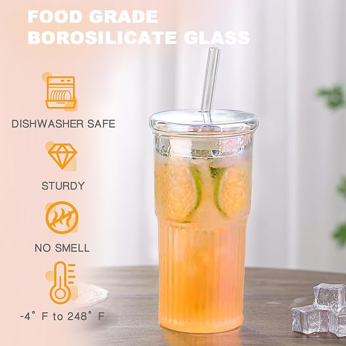JunVpic Glass Coffee Tumbler, 20 oz Glass Cup with Lid and Straw | Multicolor glass design, Hammered Texture, reusable straw and lid for iced coffee, tea, smoothies and hot & cold drink