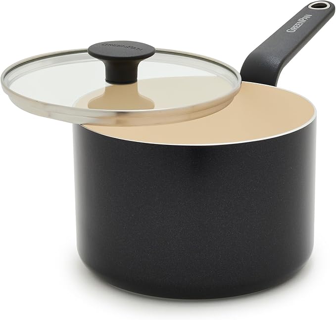 GreenPan Rio Advanced 2QT Saucepan with Lid, Ceramic Nonstick PFAS-Free Pans, Induction Ready, Dishwasher and Oven Safe, Black