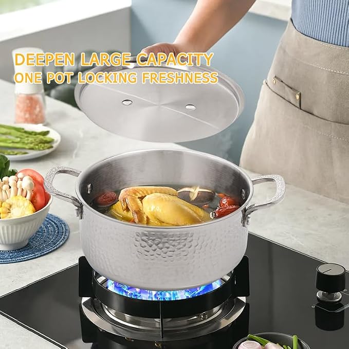 Vivicreate Tri-Ply Stainless Steel Stockpot Deep Cooking Pot with Hammered Exterior Compatible with All Stovetops Even Heat Distribution Durable Cookware for Soups Stews and More 4 QT