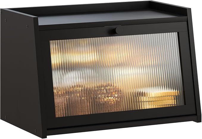 GHWIE Large Bread Box, Easy Access & Cleaning - Bamboo Bread Box for Kitchen Countertop with Acrylic Door (Black, Medium)