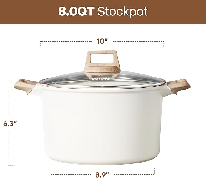 CAROTE Nonstick Stock Pot with Lid, 8 Quart White Granite | Kitchen Cooker Compatible with All Stoves, Dishwasher Safe, Cookware for Boiling, Easy to Clean, PFOA Free