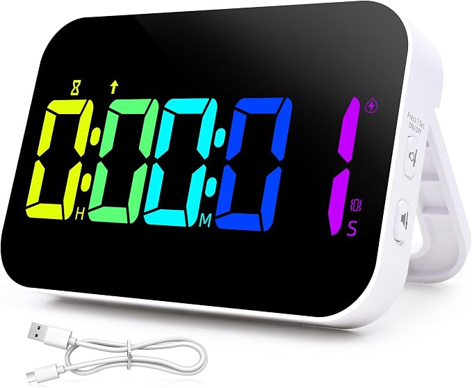 Kitchen Digital RGB Timer, Count Down Up, Rechargeable, Vibration Mode Adjustable Volume and Brightness LED Display, Time Management Cook, Desk, Kids Adults Study Teaching, Kitchen Gadgets