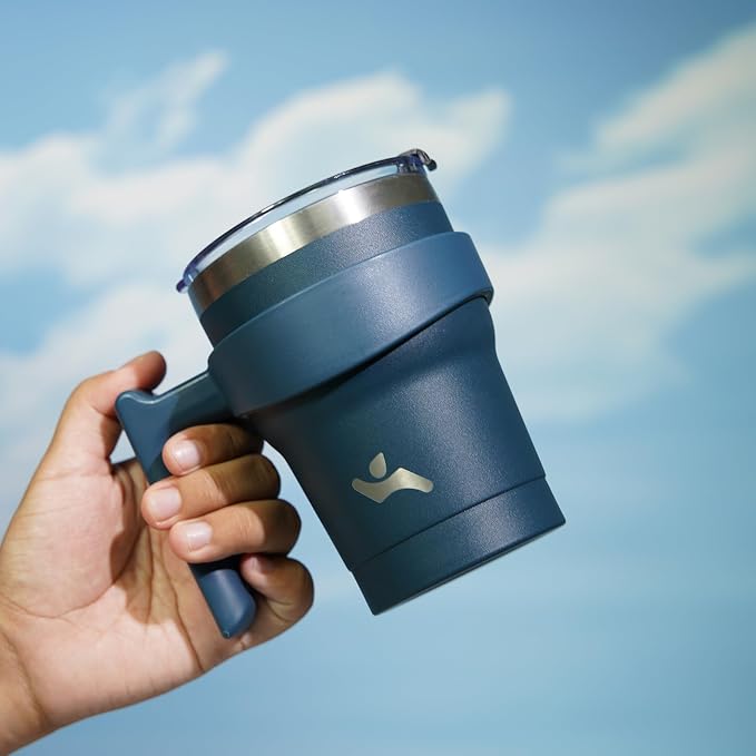Konokyo 10 oz Tumbler with Handle and Straw, Insulated Travel Mug | Navy Blue; BPA-free, leak-proof tumbler with 2 lids, 2 straws, cup holder fit for coffee, office, travel & daily use