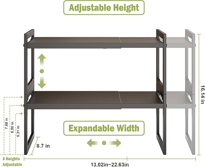 DOLALIKE Expandable Kitchen Countertop Organizer, Stackable Cabinet Shelf Organizers, Space Saving Spice Rack Pantry Storage for Bathroom Office Organization (Black, 2 Pack) | Space Saving Metal Pantry Storage Racks for Kitchen Spice Rack Pans and Unte...