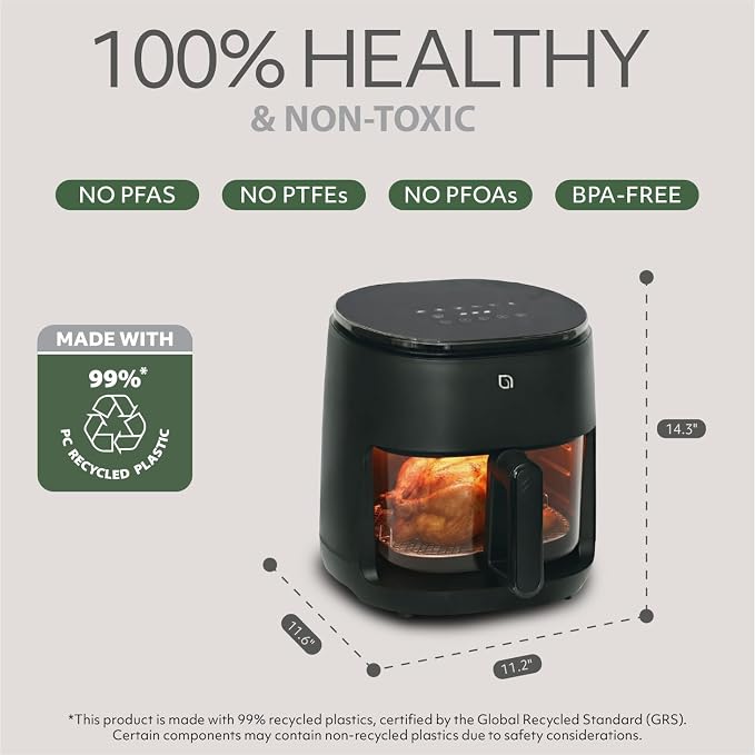 WILLOW Eco Series 6 in 1 Air Fryer with Glass Basket, 5 Quart Non Toxic Glass Air Fryer w Digital Display, 430°F Max Temp, Preheat & Keep Warm Function, Compact + Dishwasher Safe Airfryer -BLACK