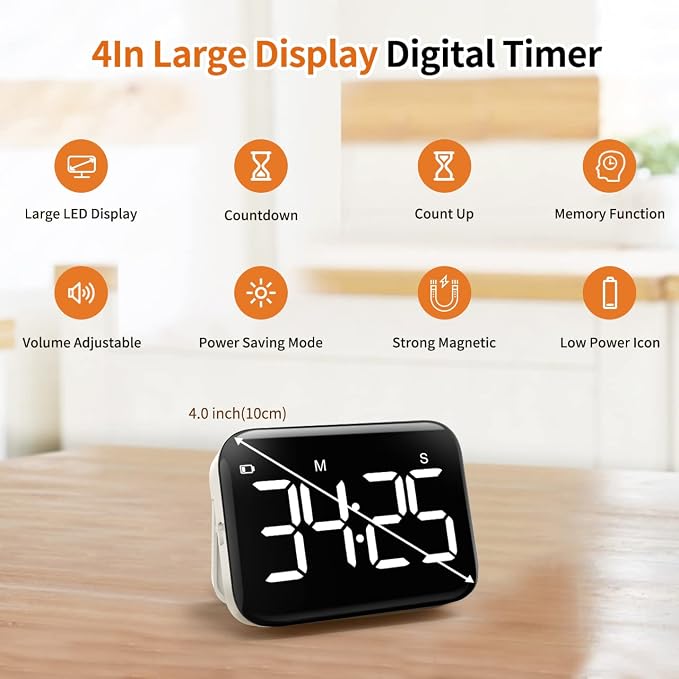 Magnetic Kitchen Timer for Cooking with Count Up Countdown, Digital Timer Battery Powered with Large Display, 2 Brightness and Volume Levels for Classroom, Teacher, Kids
