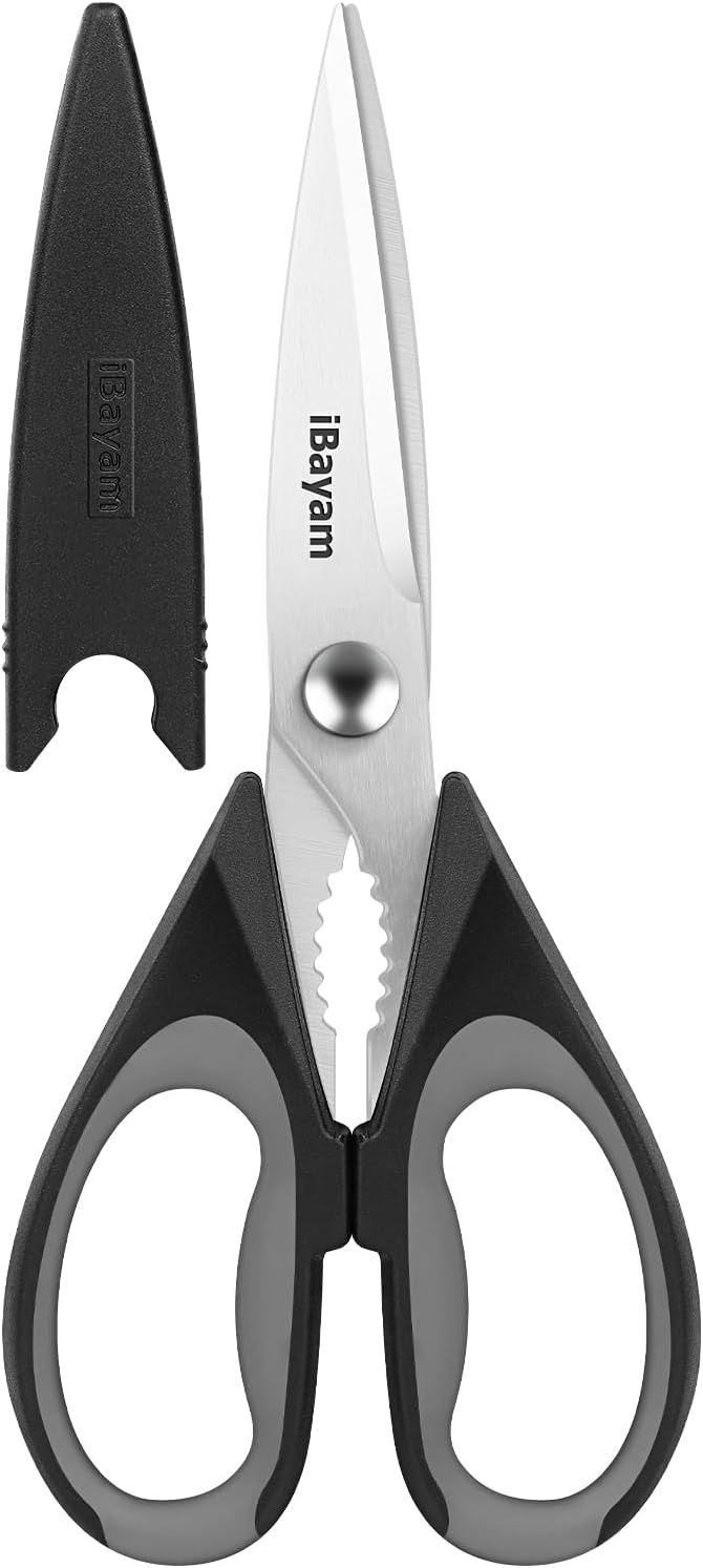 iBayam 8.5" Kitchen Scissors with Sheath, Black Cooking Scissors | All Purpose Shears, Kitchen Gadgets Utensils Set for Home, Seafood Tools