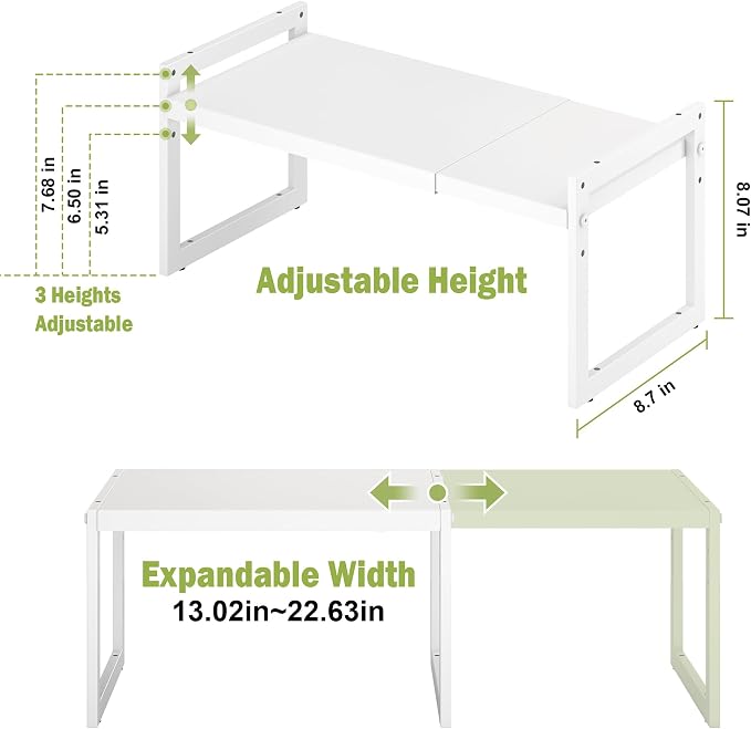 Expandable Cabinet Shelf Organizer, Stackable Kitchen Counter Shelf, White | Space Saving Metal Pantry Storage Racks for Kitchen Spice Rack Pans and Untensils Bathroom Office Organization, 1-Tier
