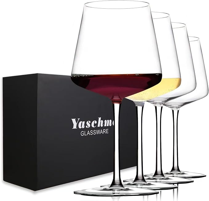Wine Glasses Set of 4, 18oz Modern Crystal Glasses, Hand Blown | Skinny Long Stem for Red White Wine, Great Gift Packaging for Daily Use, Unique Wedding Anniversary or Birthday Gift