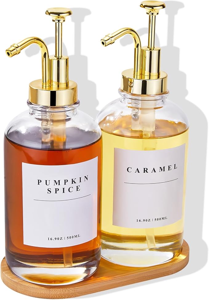 Coffee Syrup Dispenser for Coffee Bar with Gold Upgraded Pump, 2 Pack | 16.9 oz 500 ml Syrup Dispensers, Coffee Syrup Pump Dispenser, Glass Syrup Bottle 28 Labels and Bamboo Tray