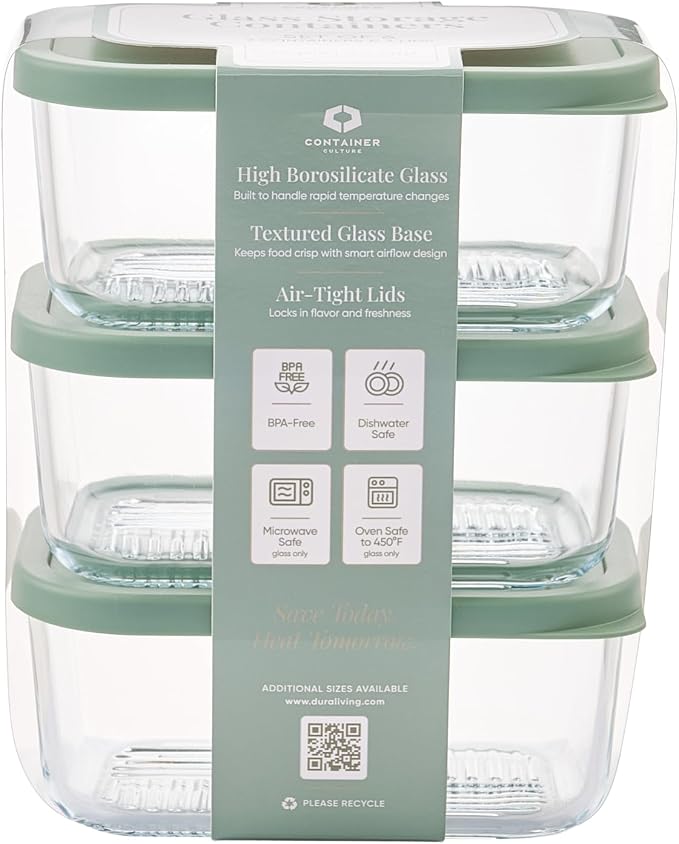 Glass Food Storage Containers with Lids — 6 Piece — 24.4 oz Glass with BPA-Free Leakproof Stackable Lids — Microwave, Oven & Dishwasher Safe — Ideal for Meal Prep & More - Soft Sage