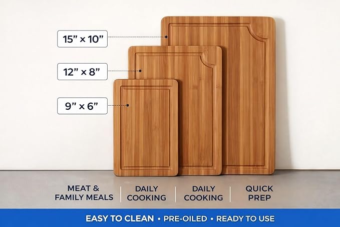Bamboo Cutting Board Set of 3 (15"×10", 12"×8", 9"×6") – Crack Resistant Boards with Deep Juice Grooves, Handles & Care Guide – Butcher Block for Meat, Veggie & Charcuterie Board