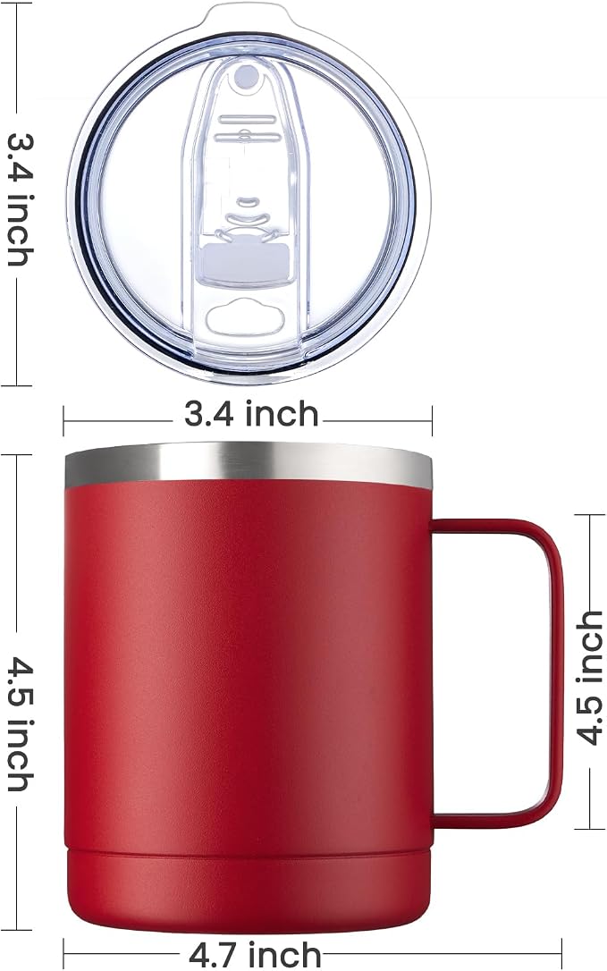 MEWAY 12oz Coffee Mug With Handle 4 Pack Bulk,Stainless Steel Insulated Travel Tumblers With Sliding Lid,Double Wall Vacuum Camping Cup for Hot & Cold Drinks Tea (Red,Set of 4)