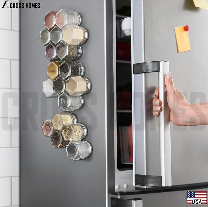 15 Pack Magnetic Spice Jars for Refrigerator Hexagon Glass Spice Jars with Magnetic Lids, Shaker, Spice Labels, Magnetic Glass Spice Containers for RV Travel Trailer Kitchen Fridge Cabinet Wall mount