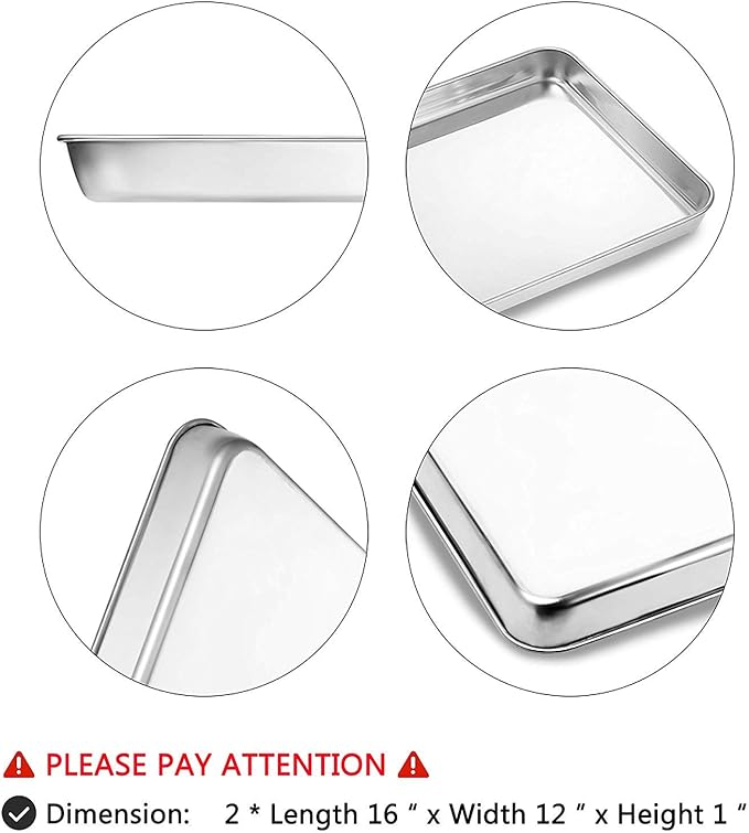 Baking Sheet Set of 2, Stainless Steel 2-Piece Cookie Sheet, Toaster Oven Baking Pan Set, Rectangle Size 16 x 12 x 1 inch, Healthy & Non Toxic, Mirror Finish & Rust Free, Dishwasher Safe