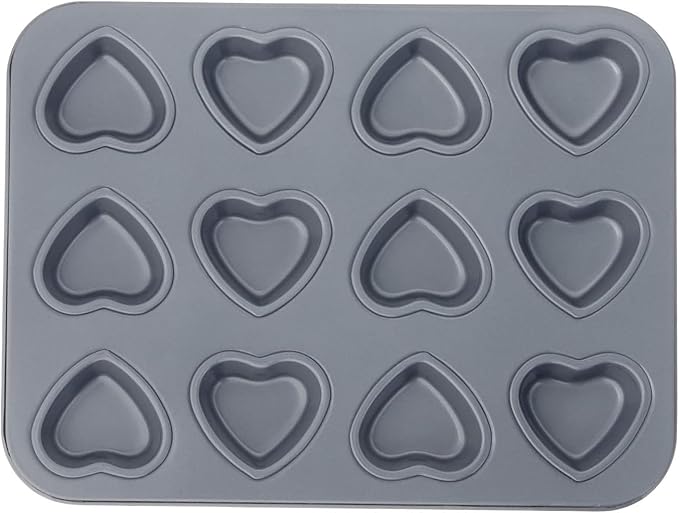 Fox Run Mini Heart Muffin Pan, 12-Cup, Preferred Non-Stick, Gray | Make Mini Heart Muffins & Cupcakes | Baking Pan For Valentine's & Date Nights | Easy Rlease Nonstick | Makes 12 Mini Hearts