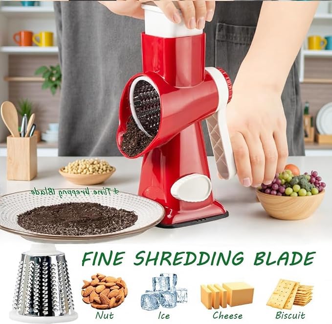 Cheese Grater with Handle,Multifunctional Rotary Cheese Grater | Powerful suction cup base,Effortless and time-saving,Protects your hands,Versatile,Detachable,Easy to clean