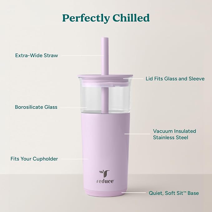 REDUCE Aspen - 20oz Vacuum Insulated Glass Tumbler - Extra Wide Straw & Lid | Keeps drinks cold for 12 hours, ideal for iced coffee, smoothies & boba, dishwasher safe, soft base