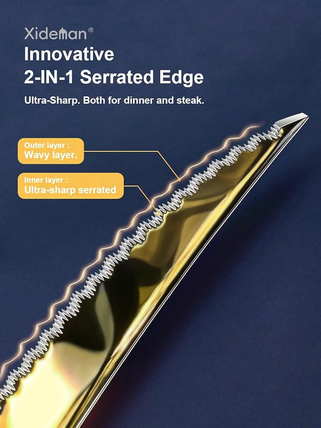 Xideman® 16-Pc Champagne Gold Hammered 18/10 Stainless Steel Silverware Set | Ultra Sharp 2-IN-1 Serrated Knives, Ergonomic Non-Slip Handles, Service for 4, Rust Resistant, Dishwasher Safe