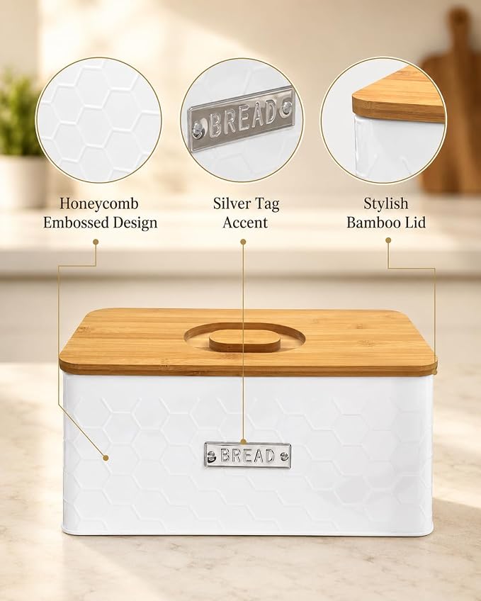 Bread Box for Countertop, Small White Metal Bin with Bamboo Lid | Small farmhouse bread storage container and bread bin with cutting board lid for homemade bread and baked goods organization.