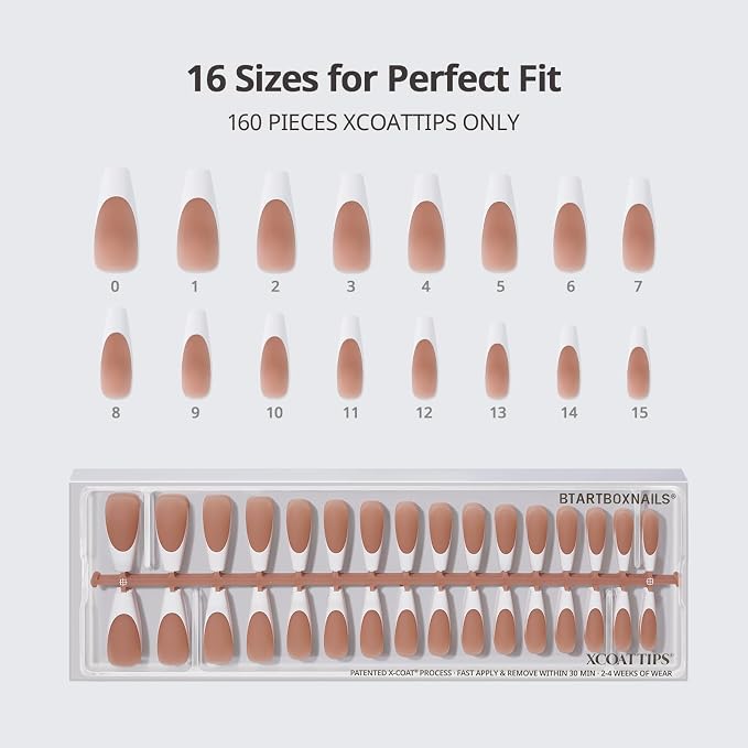 BTArtboxnails XCOATTIPS White French Tip Press On Nails, XL Coffin, Brown | Lamp-Curable, 4-Week Wear, Natural Nail Look, Salon Quality Value at Home, Easy-to-Apply for Beginners, 160ct Nail Tips Only