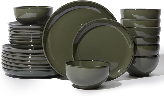 24 Piece Dinnerware Set for 8, Santorini Mist Terracotta Plates and Bowls Sets, Complete Stoneware Dish Set for Large Families and Entertaining, Microwave & Dishwasher Safe, Blackish Green