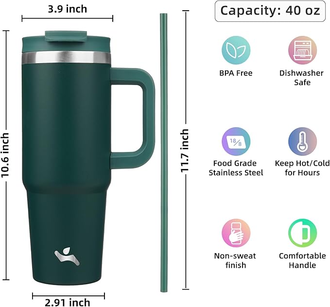 Konokyo 40 oz Insulated Tumbler Water Bottle with Handle, Straw Lid | BPA-free and dishwasher safe; made for gym, travel, coffee and gifting, 2 straws, cup holder friendly,Dark Green