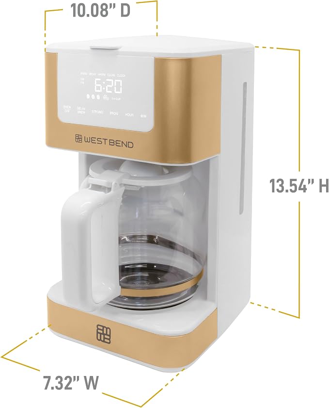 West Bend Timeless 12-Cup Programmable Coffee Maker with Brew Strength Selector for Hot and Iced Coffee, Includes 1-4 Cup Brew Option and Permanent Filter