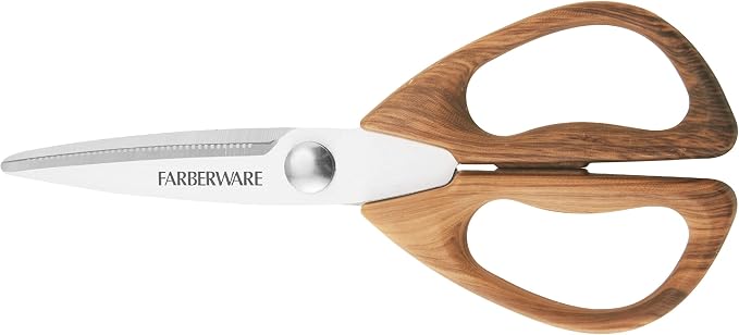 Farberware All-Purpose Kitchen Shears with Faux Wood-Grain Finish Handles, Stainless Steel Blades, Multipurpose Scissors for Meat, Herbs, and More
